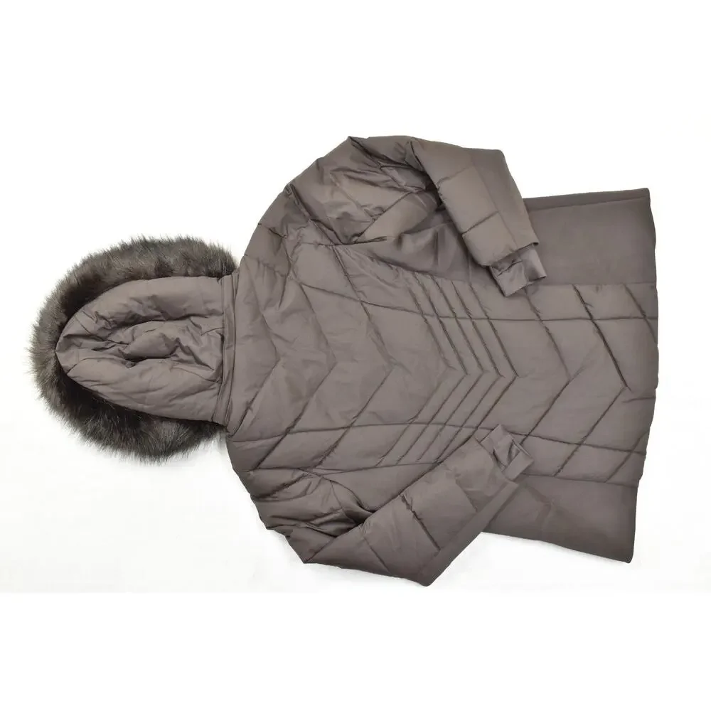MICHAEL KORS Women 1X Brown Quilted Puffer Jacket Faux Fur Trim Hood Mid-Length